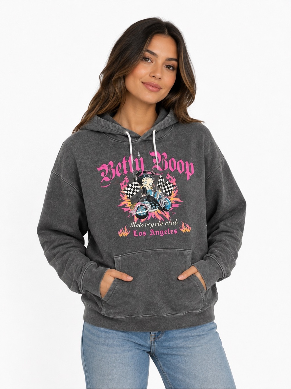 Betty Boop Motorcycle Club Gray Graphic Hoodie | Size Large
